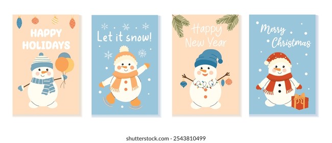 Conjunto de tarjetas de felicitación para el Nuevo año y Navidades. Lindos muñecos de nieve divertidos y decoraciones. Divertido personaje de invierno de dibujos animados. Postales con inscripciones. Ilustración vectorial, dibujado a mano, estilo plano.