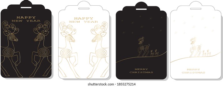 Set of greeting cards on black and white background. Card elements and text are made in gold. 