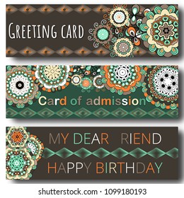 Set of greeting cards. on decorated mandala and flowers. background.  template , gift certificate, party invitation, congratulation