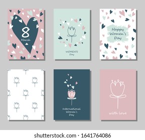 Set of greeting cards on March 8 in pastel colors. International Women's Day. Vector illustration.