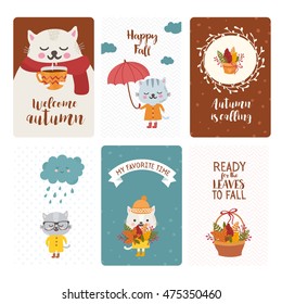 Set of greeting cards on the theme of autumn. Cute cartoon animals and typography. Funny cats with cup of tea, leaves bouquet and umbrella. For postcard, invitation and children's party.
