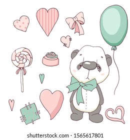 Set of greeting cards with panda, heart. Vector illustration, printable collection. Happy Valentine's Day. Birthday party. Love