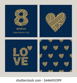 Set of greeting cards and pattern with gold hearts for March 8, Valentine's Day, birthday, Mother's Day, wedding. Background for gift wrap, textile or book covers, wallpapers and scrapbook.