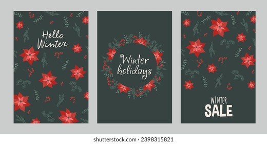 Set of greeting cards. Postcards with winter flowers and twigs. Hello winter.  New Year cards. A set of postcards on Christmas and New Year themes. 