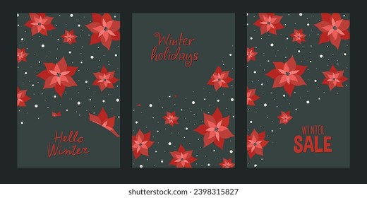 Set of greeting cards. Postcards with winter flowers and twigs. Hello winter.  New Year cards. A set of postcards on Christmas and New Year themes. 