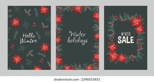 Juego de tarjetas de felicitación. Postales con flores y ramas de invierno. Hola invierno.  Tarjetas de Año Nuevo. Un juego de postales sobre temas de Navidad y Año Nuevo. 