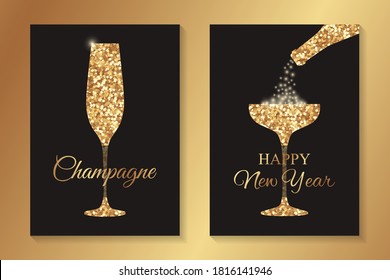 Set of greeting cards or poster designs for new year or champagne tasting with glittering glasses on a black background.