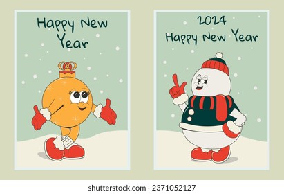A set of greeting cards, posters Happy New Year. Cute characters - a Christmas tree toy and a snowman in a cartoon retro style of the 50s. Vector illustration