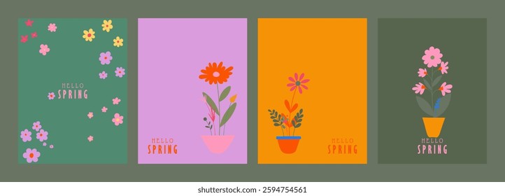 Set of greeting cards or posters in a modern minimalistic style. illustrations of wildflowers, Narcissus flower, Crocus flowers, tulip flower, flowers in vase, bouquet. Hand drawn Floral  background.