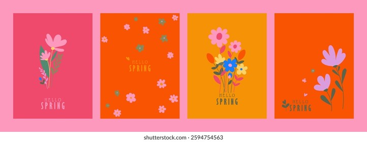 Set of greeting cards or posters in a modern minimalistic style. illustrations of wildflowers, Narcissus flower, Crocus flowers, tulip flower, flowers in vase, bouquet. Hand drawn Floral  background.