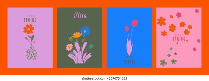 Set of greeting cards or posters in a modern minimalistic style. illustrations of wildflowers, Narcissus flower, Crocus flowers, tulip flower, flowers in vase, bouquet. Hand drawn Floral  background.