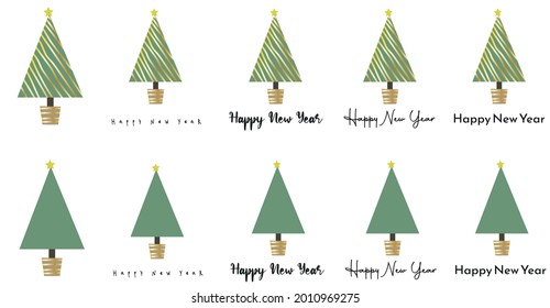 Set of greeting cards (posters) with text Happy New Year and eco-friendly Christmas tree in a pot on a white background