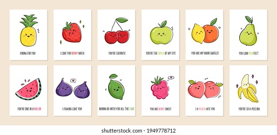 Set of greeting cards Punny fruits with cute fruits and funny phrases. Collection of postcards with kawaii fruits and puns. Vector cartoon illustration.