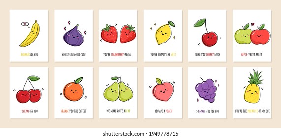 Set of greeting cards Punny fruits with cute fruits and funny phrases. Collection of postcards with kawaii fruits and puns. Vector cartoon illustration.