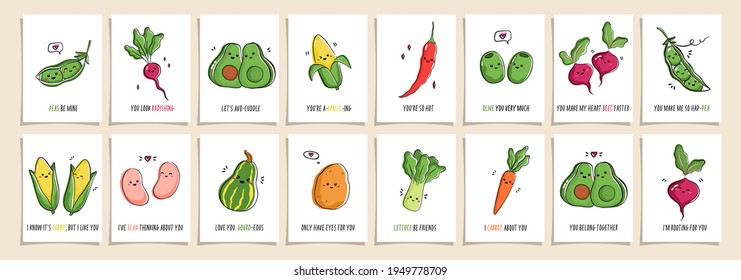 Set of greeting cards Punny veggies with cute veggies and funny phrases. Collection of postcards with kawaii veggy and puns. Vector cartoon illustration.