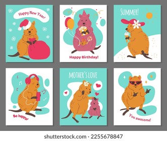 Set of greeting cards with quokka animals flat style, vector illustration isolated on gray background. Design template collection, funny animal characters, happy birthday