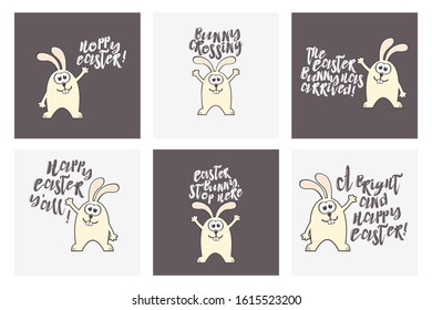 Set of greeting cards with rabbits. Inscriptions - Hoppy Easter. Bunny crossing. The Easter bunny has arrived. Happy Easter you all. Easter bunny, stop here. 