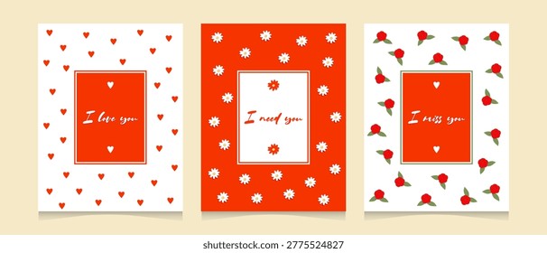 Set of greeting cards with red hearts and flowers. I love you, I miss you, I need you. Valentine's Day.