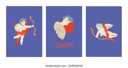 Juego de tarjetas de felicitación con cúpidos renacentistas y sueños de palabras. Ilustración vectorial del día de San Valentín. Ángel de bebé volador