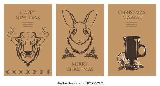Set of greeting cards in retro style. Merry christmas and new year. Invitation to the Christmas market.