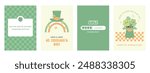 Set of greeting cards for Saint Patrick's day in retro style. Green leprechaun hat, four-leaf clover, rainbow in the colors of the Irish flag, cute clover bouquet in leprechaun top hat.