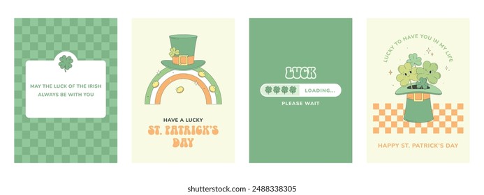 Conjunto de tarjetas de felicitación para el día de San Patricio en estilo retro. Sombrero de leprechaun verde, trébol de cuatro hojas, arcoiris en los colores de la bandera irlandesa, lindo ramo de trébol en sombrero superior de leprechaun.