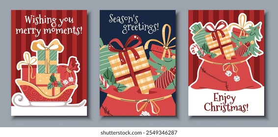 Set of Greeting cards with Santa Claus's sack and sleigh filled with gifts for children in a flat cartoon style. Vector illustration for poster, banner, invitation, etc