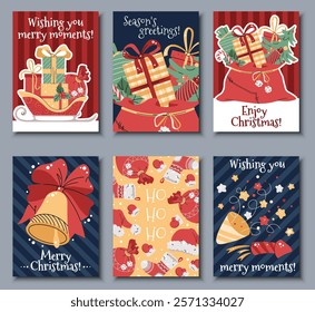 Set of Greeting cards with Santa Claus's sack and sleigh filled with gifts for children in a flat cartoon style. Vector illustration for poster, banner, invitation, etc. Christmas Bell, fireworks, a