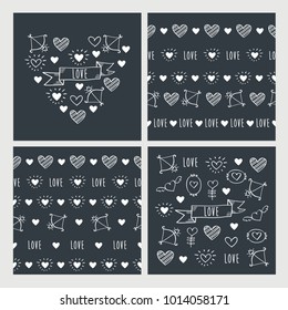 Set of greeting cards and seamless patterns with hand drawn hearts and elements for Valentine's Day, mother's day, birthday, wedding. Vector.