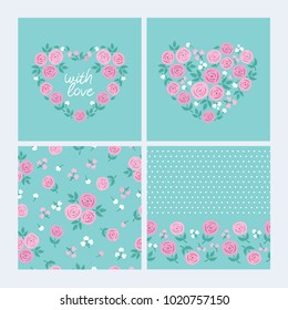 Set of greeting cards and seamless patterns with hand drawn roses for textile, wallpapers, gift wrap and scrapbook. Cards with heart of the pink flowers. Vector illustration.