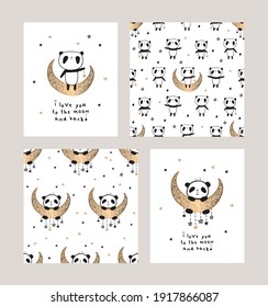 Set of greeting cards and seamless patterns with cute pandas on the gold moon for Valentine's Day, Mother's Day, Father's Day, birthday, wedding, gift wrap, textile or book covers, wallpapers.