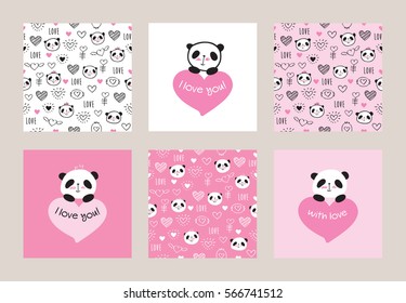 Set of Greeting cards and seamless patterns with cute pandas and hearts. Wrapping paper for Valentine's Day, Mother's Day, birthday, wedding. Doodles, sketch. Vector