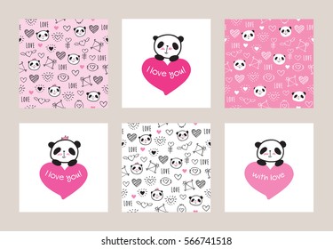 Set of Greeting cards and seamless patterns with cute pandas and hearts. Wrapping paper for Valentine's Day, Mother's Day, birthday, wedding. Doodles, sketch. Vector