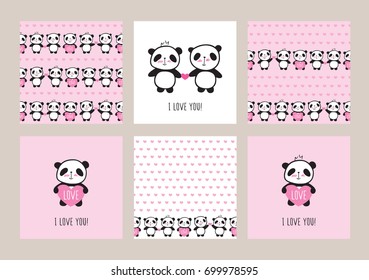 Set of Greeting cards and seamless patterns with cute pandas and hearts. Wrapping paper for Valentine's Day, Mother's Day, birthday, wedding. Doodles, sketch. Vector.