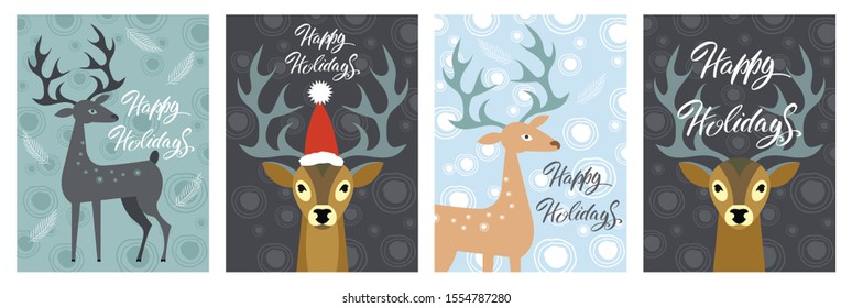 Set of greeting cards with seasonal holidays reindeers and "Happy holidays" Lettering. Vector illustration