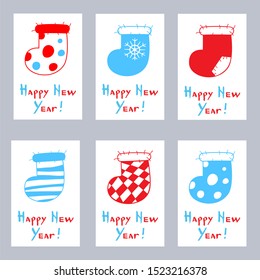 Set of greeting cards. Six cartoon Christmas stockings on a white background. Happy New Year calligraphy. Vector illustration of winter symbols.