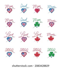 Set of greeting cards, t shirt print, stickers, flags USA and UK, wallpaper, cupid arrow, badge, posters, label. Embroidered patch with a clover leaf, hearts, flags, Dad, Mom, Mothers Day card