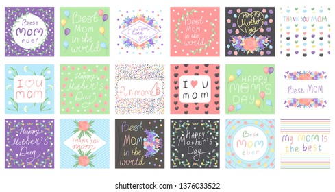 set with greeting cards template for mother's day. hearts pattern, circles, flowers, air ballon, lines