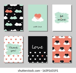 Set greeting cards with the text "love you", "thank you", "with love", "be mine". Vector illustration.
