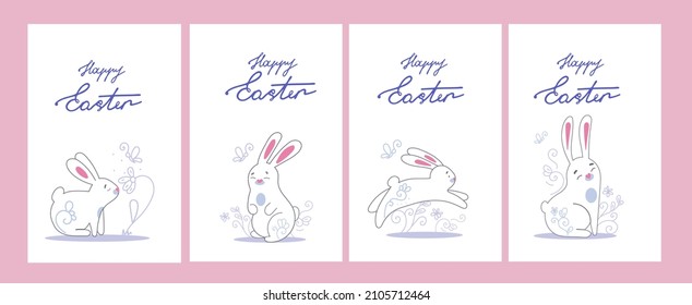 A set of greeting cards with greeting text and white rabbits. Design elements for a festive Easter decor. Congratulatory lettering.
