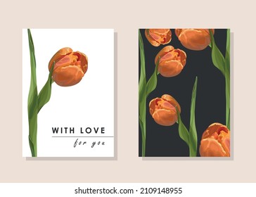 Set of greeting cards with tulips. Orange tulip. Spring flowers. Vector illustration.