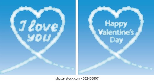 Set of greeting cards valentine decorated heart of the cloud with the words "I love you" and "Happy Valentine's Day" on a background of blue sky.