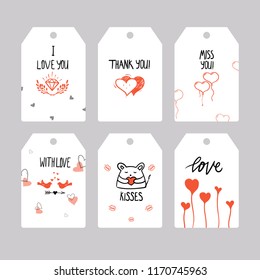 Set of greeting cards for Valentine s Day. Vector collection with hand written elements. Red, black and white color labels for your design and invitation.