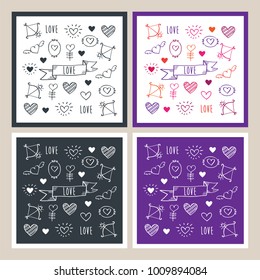 Set of Greeting cards for Valentine's Day, Mother's Day, Father's Day, birthday, wedding with hand drawn elements. Doodles, sketch. Vector illustration.