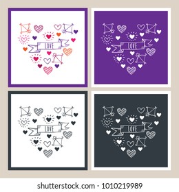 Set of Greeting cards for Valentine's Day, Mother's Day, Father's Day, birthday, wedding. Vintage hearts of hand drawn elements. Doodles, sketch. Vector illustration. 