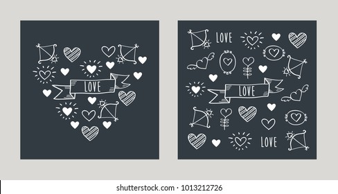 Set of Greeting cards for Valentine's Day, Mother's Day, Father's Day, birthday, wedding with hand drawn elements. Doodles, sketch. Vector illustration.