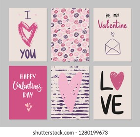 Set of greeting cards for Valentine's Day. Beautiful collection greeting cards with hearts. I love you. Be my Valentine. Happy Valentine's Day. Love. Vector lettering.