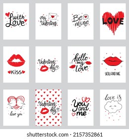 Set of greeting cards for Valentine's Day. Vector collection with brush lettering and hand written elements.