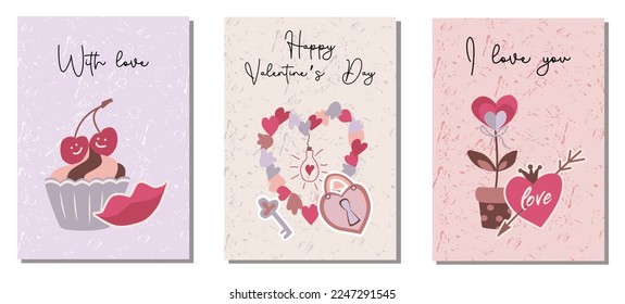 Set of greeting cards for Valentine's Day with inscriptions and illustrations in the flat style.Vector illustration