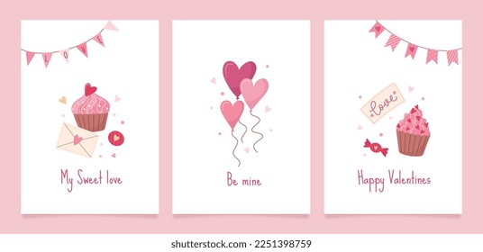 Set of greeting cards for Valentine's Day. Vector cute illustrations with festive decorative elements, heart, envelope, sweets, cupcakes, balloons and inscriptions.